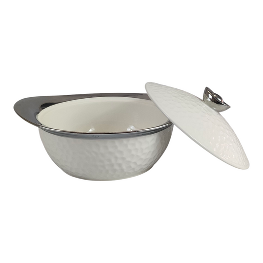 Set de Sopera de Cerámica con Tapadera + 6 Cuencos con Soporte Dorado - Diseño Martillado Blanco y Plateado