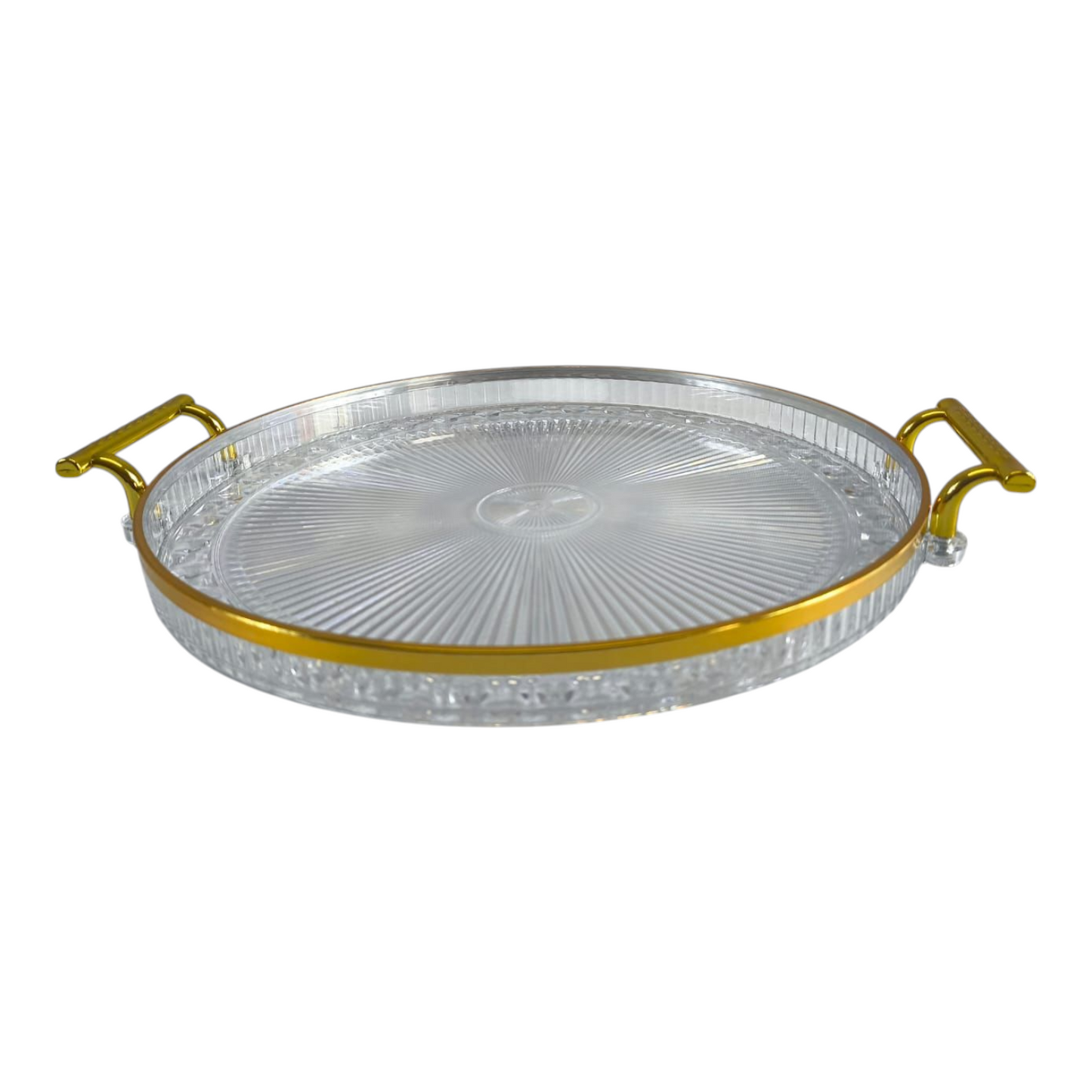 🍽️ Set de 2 Bandejas Redondas Transparentes con Asas Doradas – Estilo y Elegancia en tu Mesa 💛