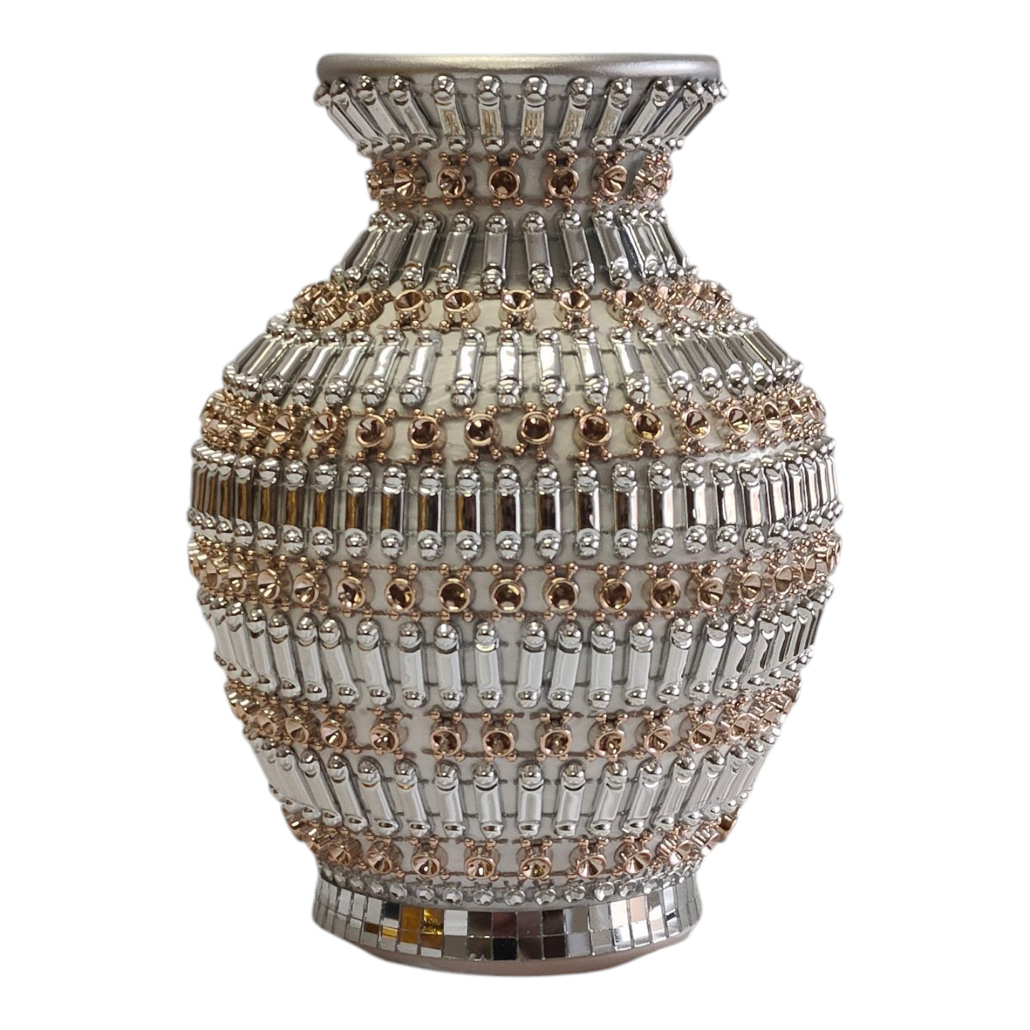 🏺 Jarrón Decorativo Plateado con Detalles Dorados - 20cm