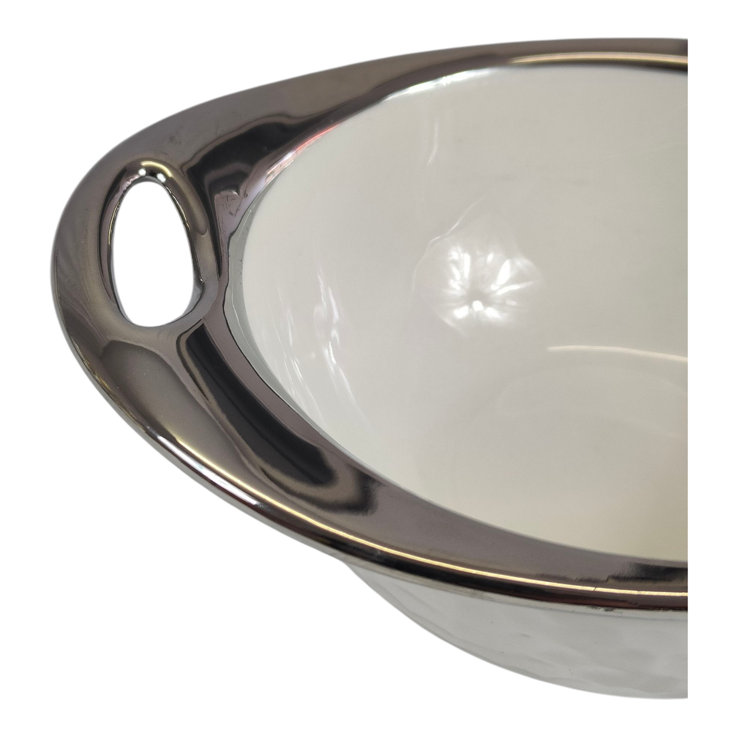 Set de Sopera de Cerámica con Tapadera + 6 Cuencos con Soporte Dorado - Diseño Martillado Blanco y Plateado