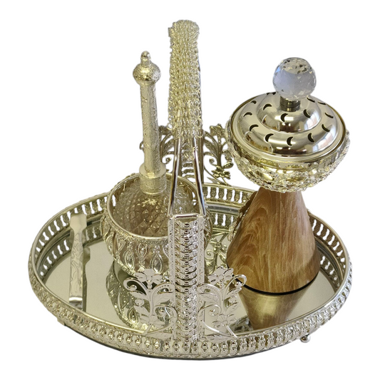 Set Árabe de Incienso y Perfume Plateado — Bandeja Decorativa con Quemador y Frascos