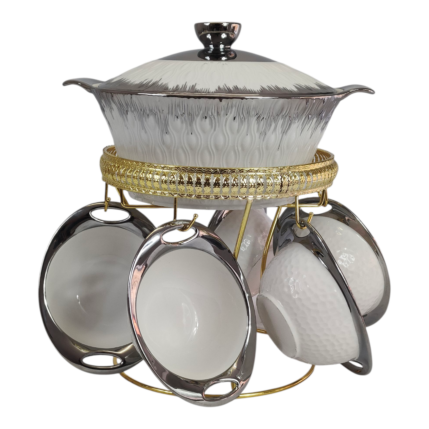 Ceramic Soup Tureen Set with Lid + 6 Bowls with Gold Stand - Elegant White and Silver Style
