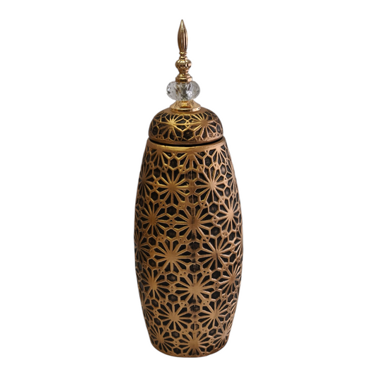 Decoración Árabe Dorada con Tapa y Detalle de Cristal – Diseño Tallado Floral 46,5cm