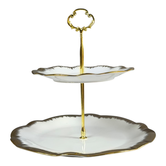 Soporte de 2 Pisos para Dulces y Aperitivos 🍰✨ Porcelana Blanca con Borde Dorado