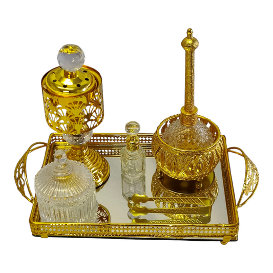 Set Árabe Dorado de Incienso y Perfume — Bandeja Decorativa con Quemador, Frascos y Pinzas