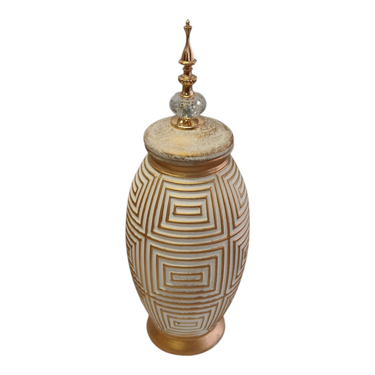 Jarrón Decorativo Árabe Alto Dorado y Blanco con Tapa y Detalle de Cristal – 40cm