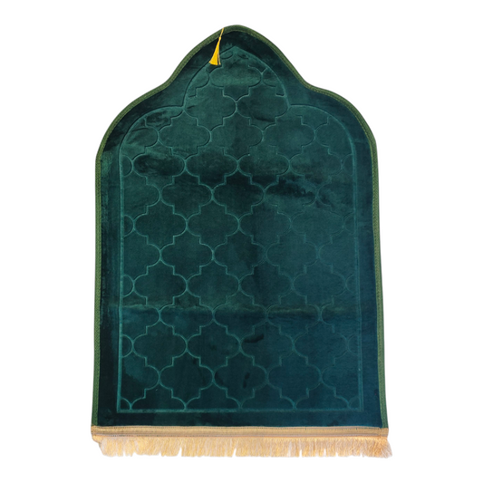 Alfombra de Rezo Sajjada Verde Esmeralda con Flecos Dorados