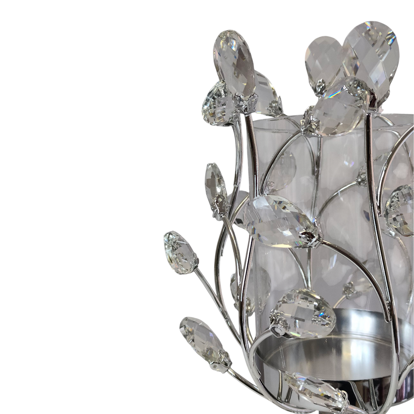Candelabro Plateado con Pétalos de Cristal y Detalle de Doble Esfera ✨