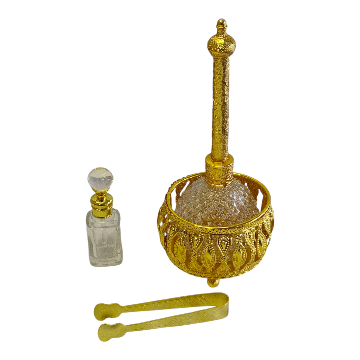 Set Árabe Dorado de Incienso y Perfume — Bandeja Decorativa con Quemador, Frascos y Pinzas
