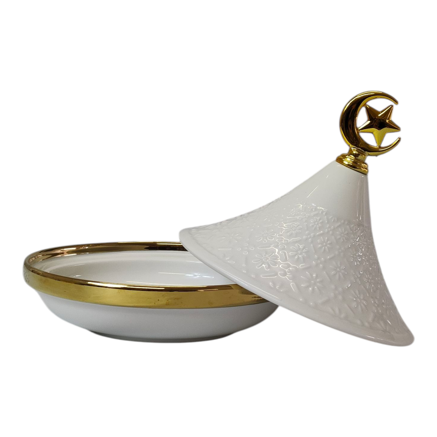 Mini Tajine Decorativo Blanco con Relieve Floral y Luna Dorada 🌙✨- 12,5cm