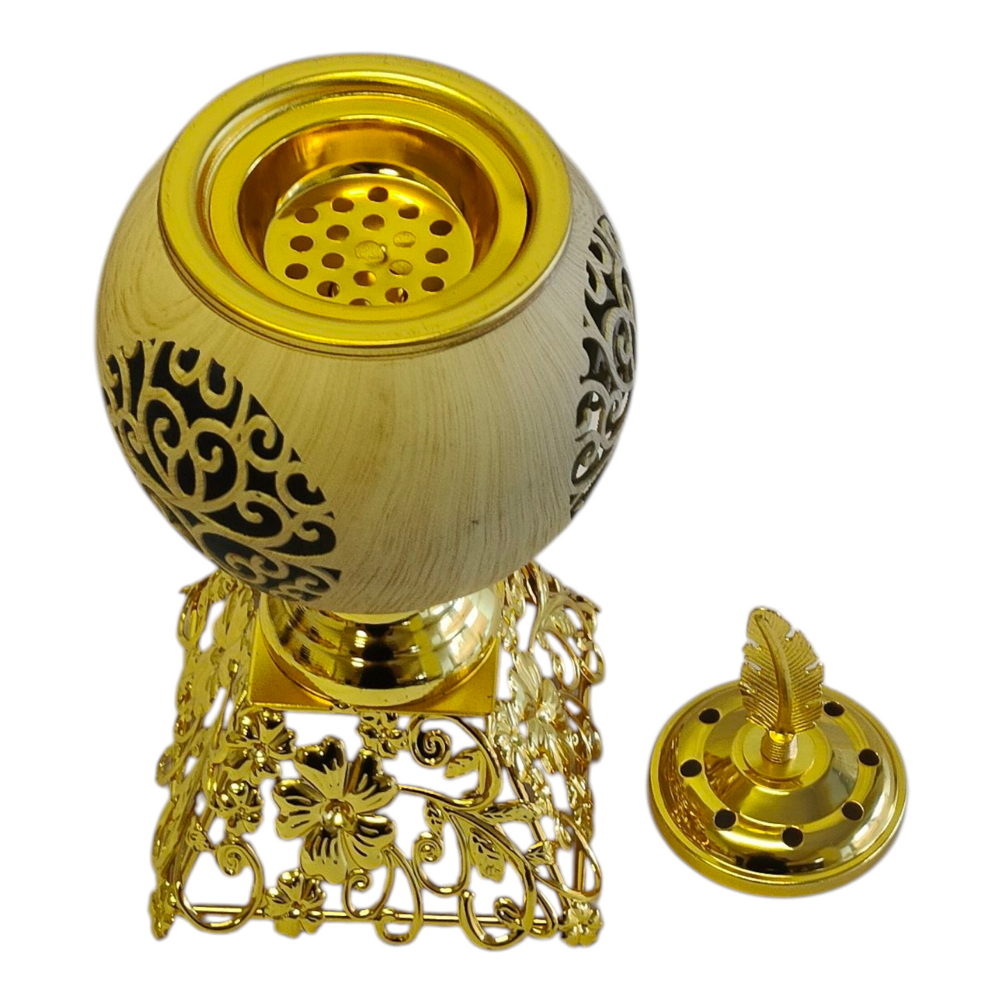 Quemador de Incienso Árabe Dorado con Detalle de Pluma — Diseño Esférico de Lujo