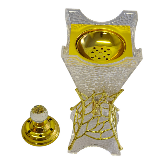 Quemador de Incienso Árabe de Cristal con Detalles Dorados — Diseño Elegante de Lujo