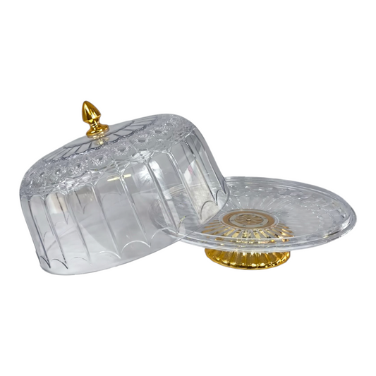 🍰 Expositor Redondo de Plástico con Tapa y Base Dorada – Elegancia para tus Postres ✨