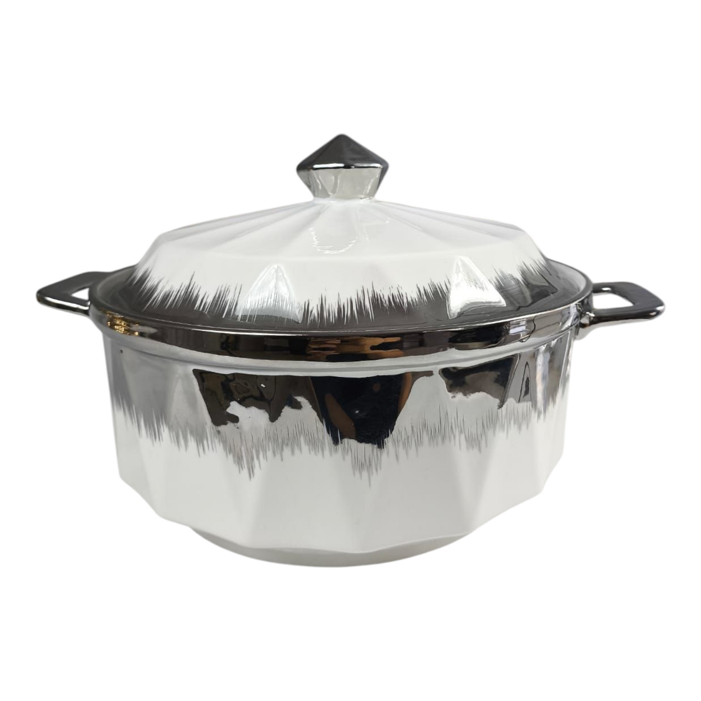 Cazuela de Porcelana Blanca con Tapa y Detalles Plateados 🍲✨ Diseño Moderno y Elegante 3L