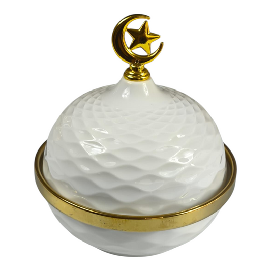Caja Decorativa Árabe con Tapa Luna y Estrella Dorada 🌙⭐ Cerámica Blanca de Lujo