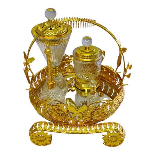 Set Árabe Dorado de Cristal con Base Decorativa — Bandeja de Lujo con Quemador y Frascos