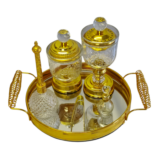 Set Árabe Dorado de Cristal con Bandeja Espejada — Quemador y Frascos Decorativos de Lujo
