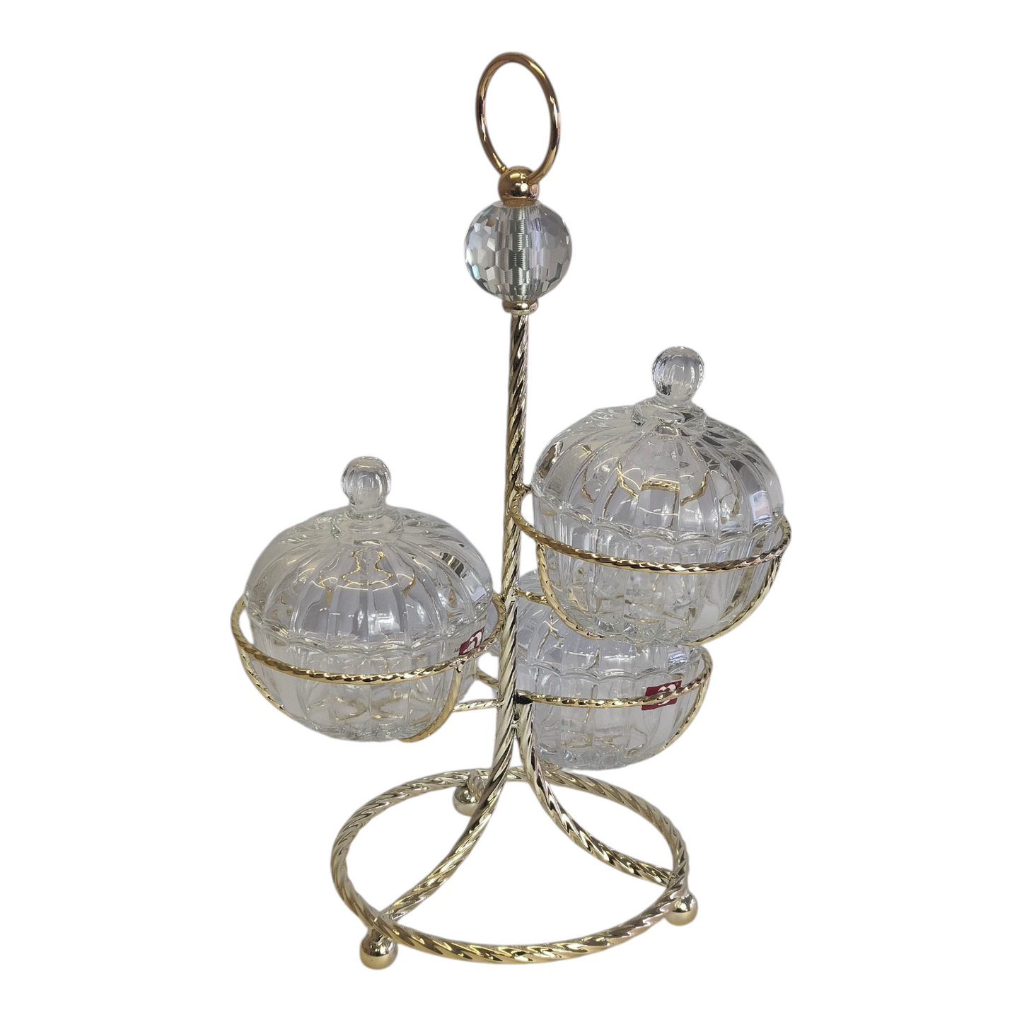 Conjunto decorativo de 3 esferas de vidro com suporte dourado