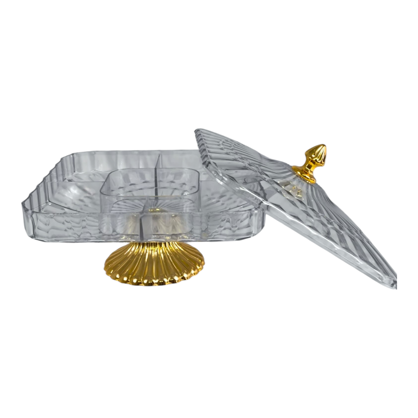 🍬 Bandeja Expositora Cuadrada de Plástico con Tapa y Base Dorada – Elegancia y Organización ✨