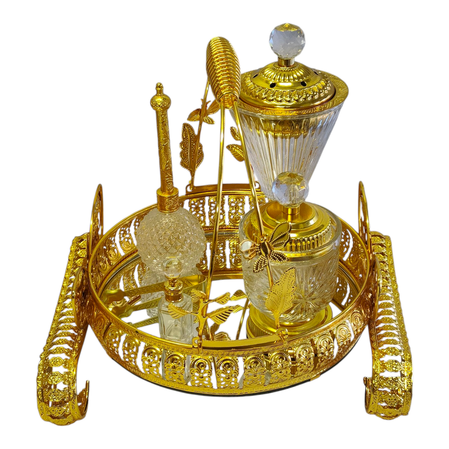 Set Árabe Dorado de Cristal con Base Decorativa — Bandeja de Lujo con Quemador y Frascos