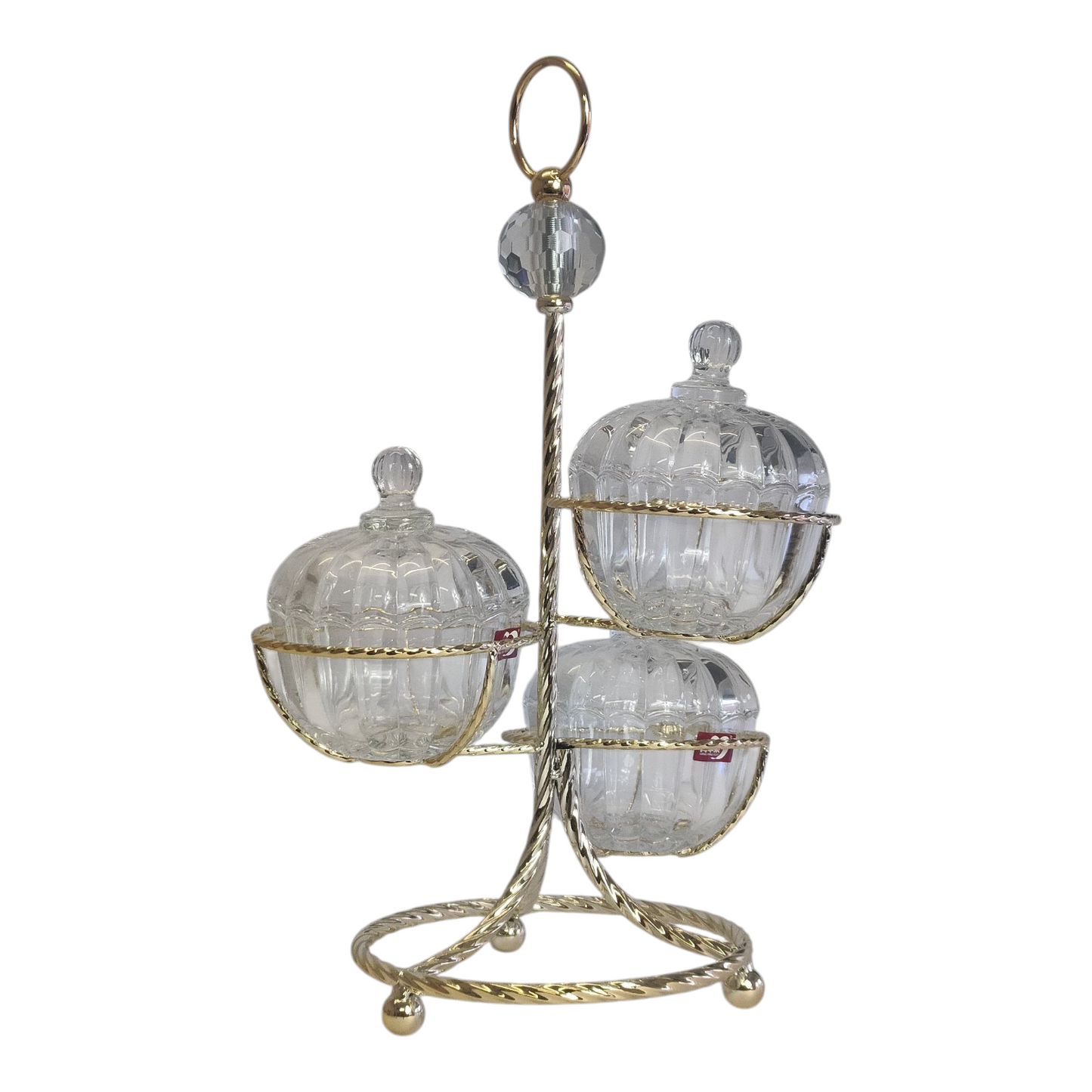 Conjunto decorativo de 3 esferas de vidro com suporte dourado