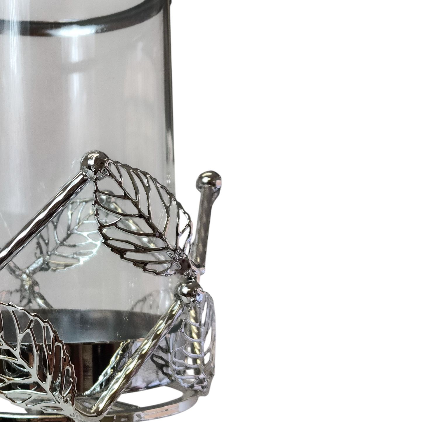 Portavelas de Cristal y Metal Plateado con Detalles de Hojas – 42cm