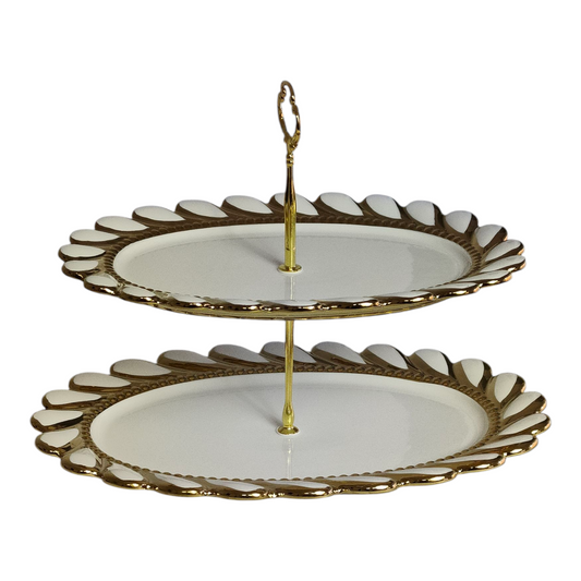 🍰 Soporte de Dos Pisos de Porcelana con Borde Dorado — Elegancia y Estilo para tu Mesa ✨