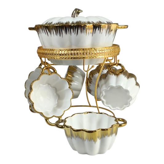 Set de Sopa con 6 Cuencos 🍲✨ Porcelana Blanca con Detalles Dorados y Soporte de Lujo 2L