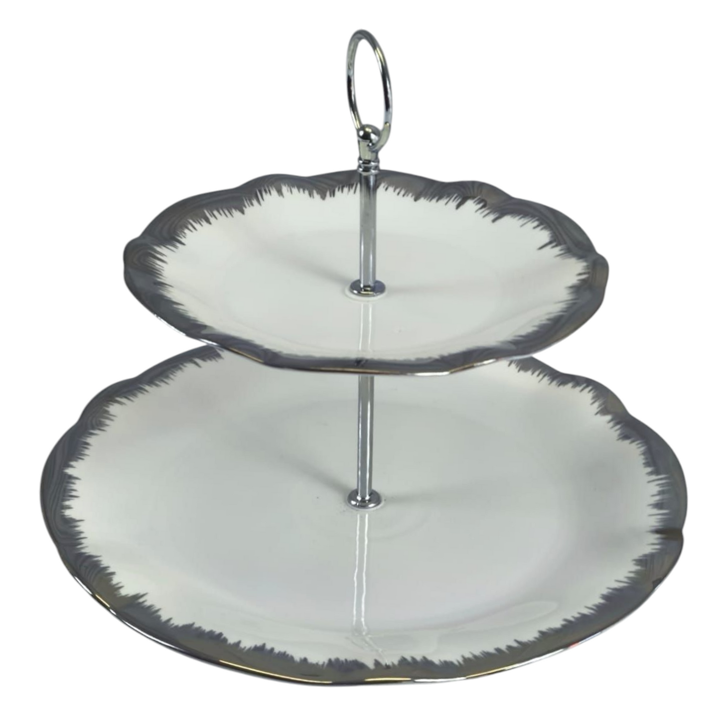 Soporte de 2 Pisos para Dulces y Aperitivos 🍰✨ Porcelana Blanca con Borde Plateado
