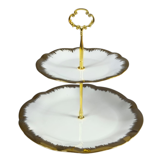 Soporte de 2 Pisos para Dulces y Aperitivos 🍰✨ Porcelana Blanca con Borde Dorado