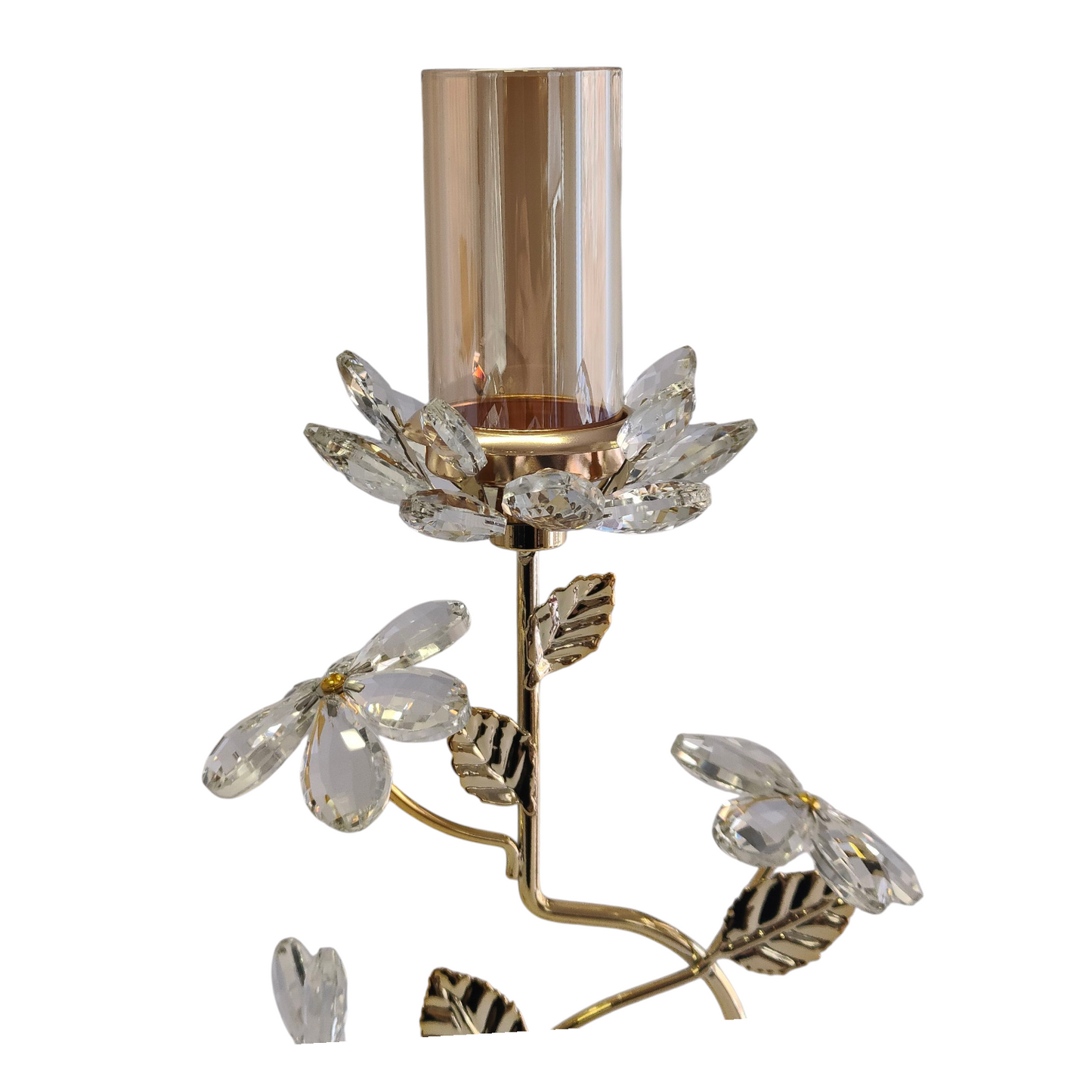 Portavelas de Cristal y Metal Dorado con Diseño Floral Decorativo