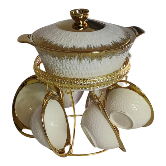 Set de Sopa con 6 Tazas de Porcelana y Base Dorada — Diseño Elegante Blanco y Oro