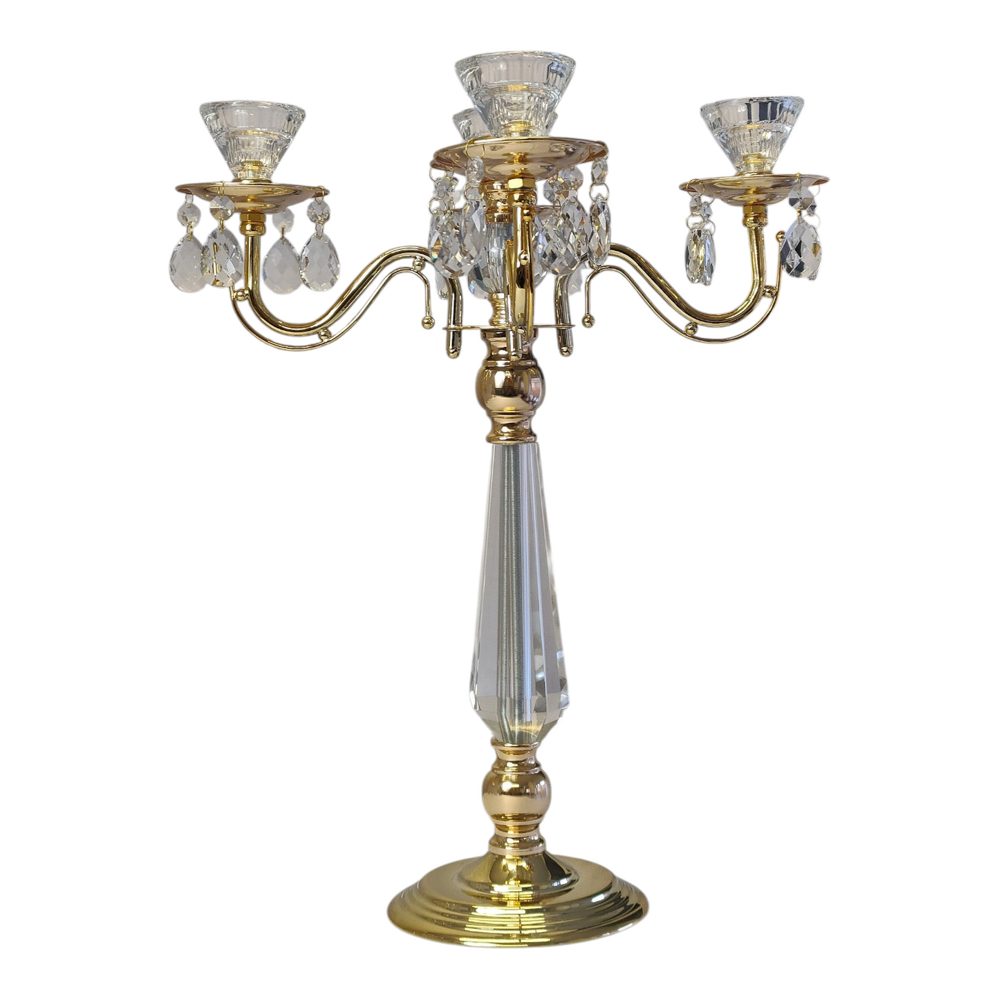 Candelabro de Cristal y Metal Dorado con 5 Brazos — Estilo Clásico y Lujo Brillante