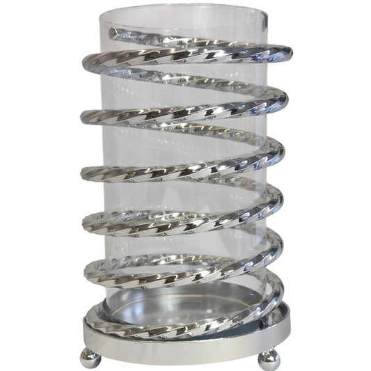 Portavelas de Cristal con Estructura Metálica Plateada en Espiral