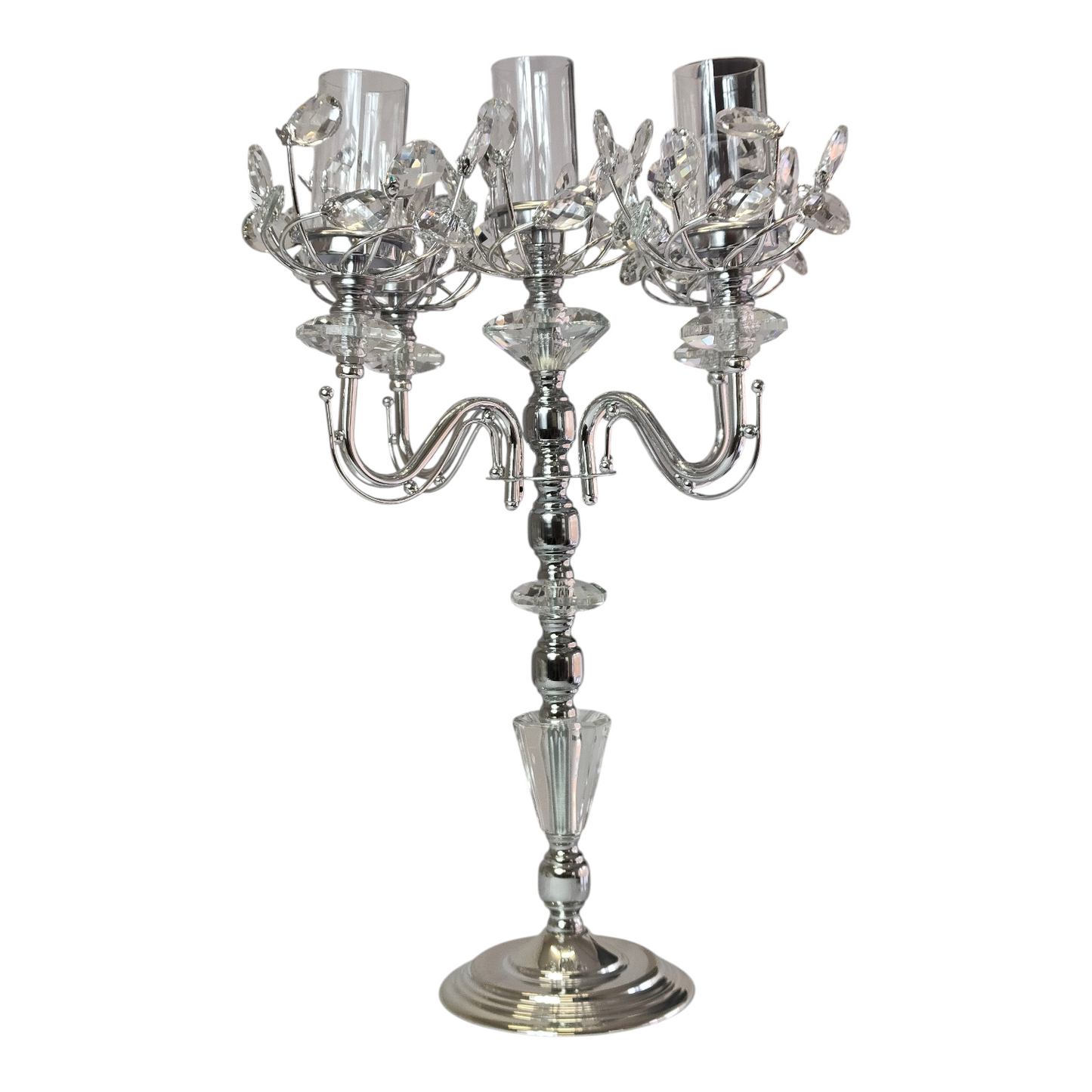 Candelabro de Cristal y Metal Plateado con 5 Brazos — Estilo Elegante y Moderno