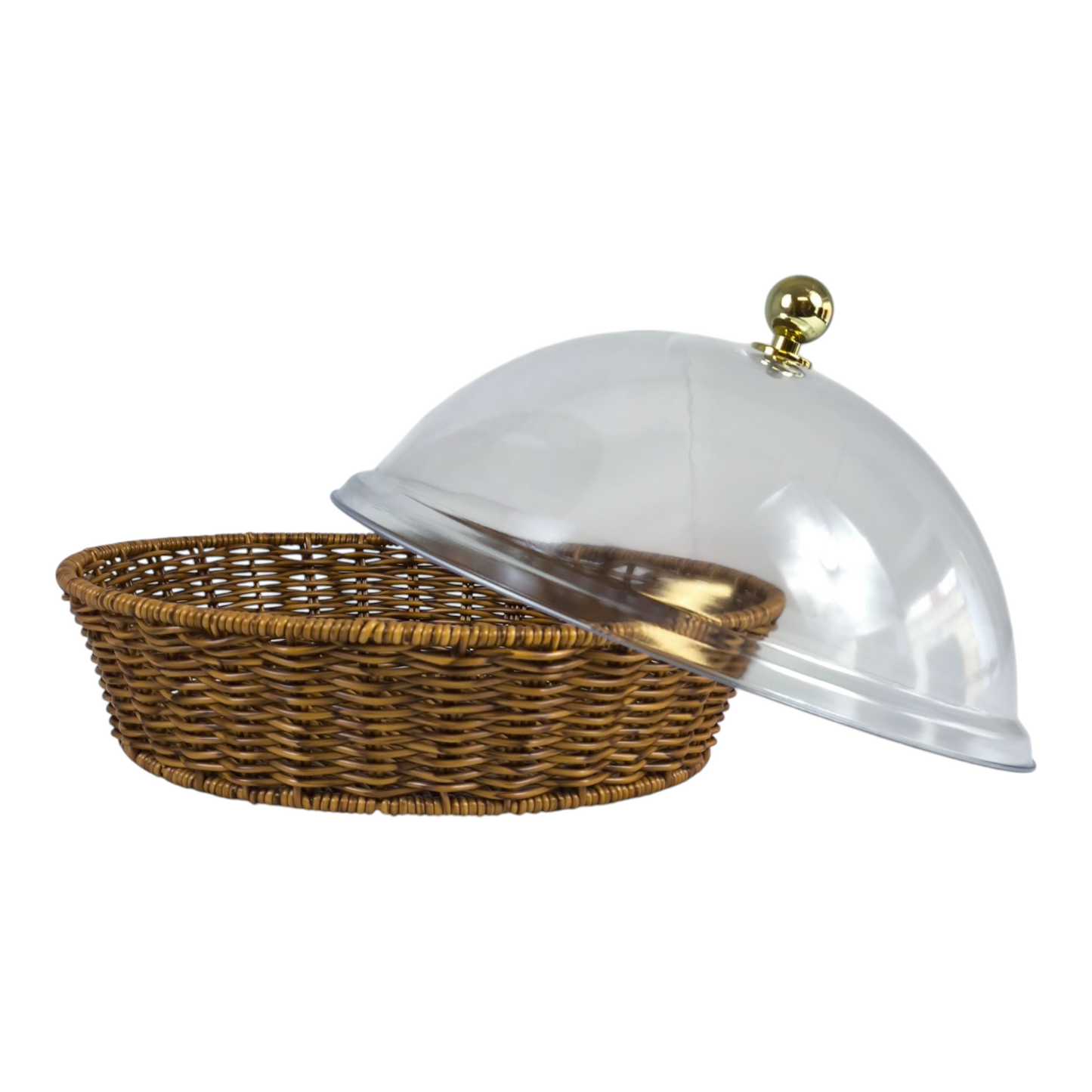 🍞 Cesta Redonda con Tapa Transparente – Diseño de Mimbre con Asa Dorada 🧺