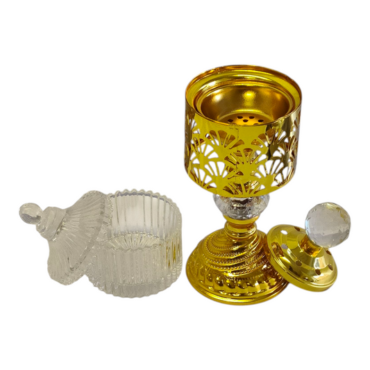 Set Árabe Dorado de Incienso y Perfume — Bandeja Decorativa con Quemador, Frascos y Pinzas
