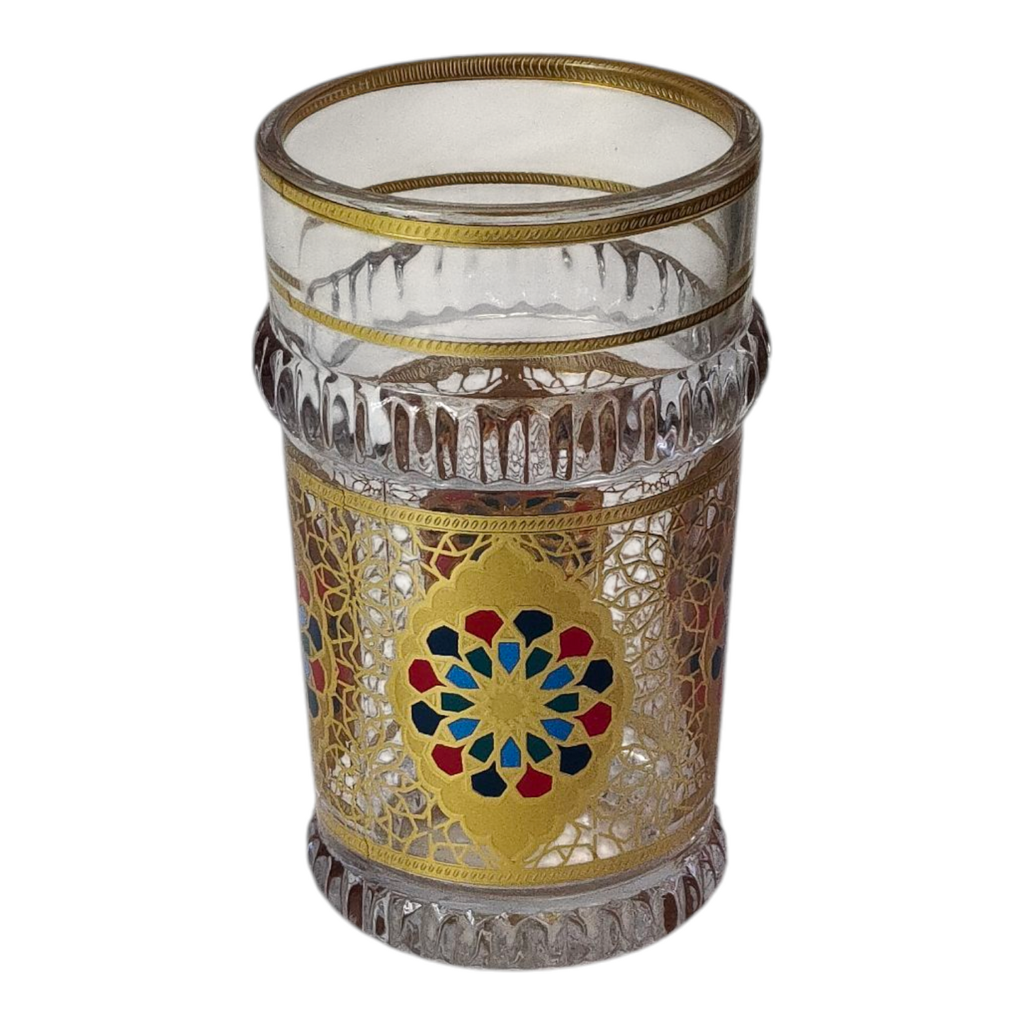 Vasos de Té Marroquí de Cristal Dorado | Motivo Zellige Multicolor