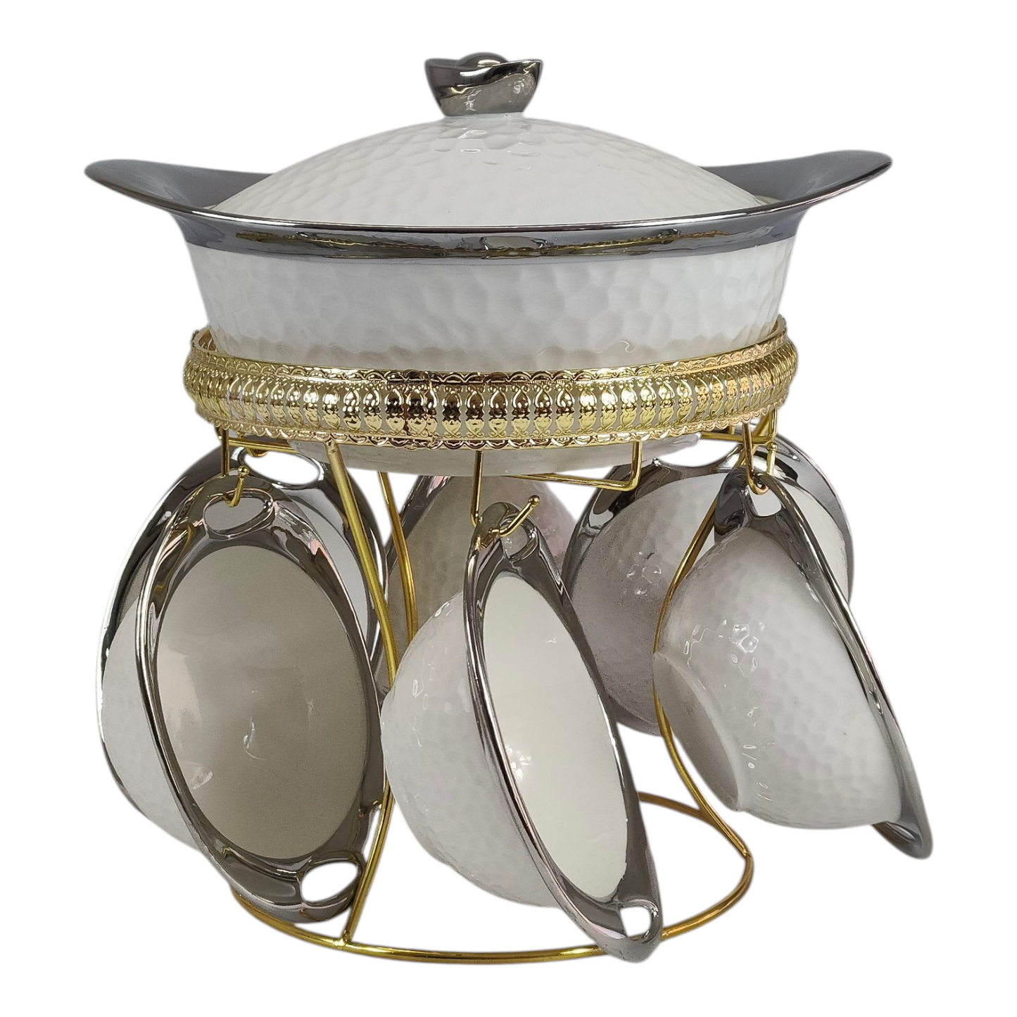 Set de Sopera de Cerámica con Tapadera + 6 Cuencos con Soporte Dorado -2,7L- Diseño Martillado Blanco y Plateado