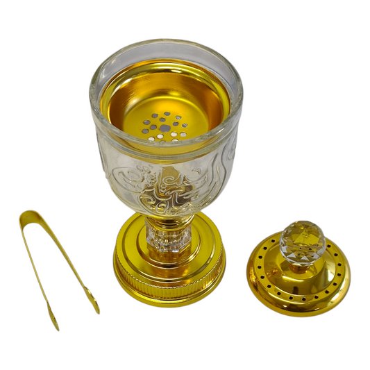Set Árabe Dorado de Cristal con Bandeja Espejada — Quemador y Frascos Decorativos de Lujo