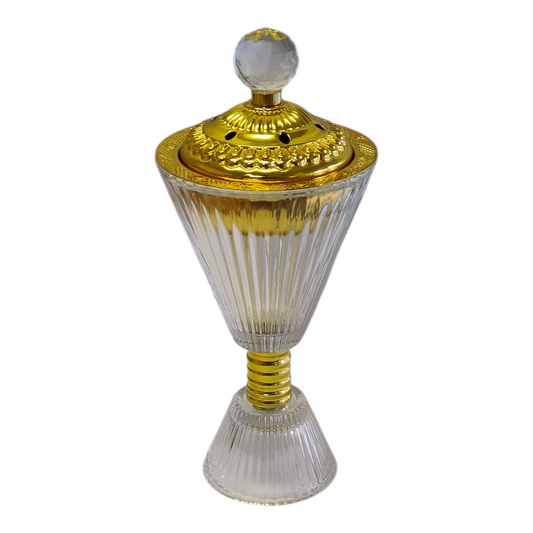 Set Árabe Dorado de Cristal con Base Decorativa — Bandeja de Lujo con Quemador y Frascos