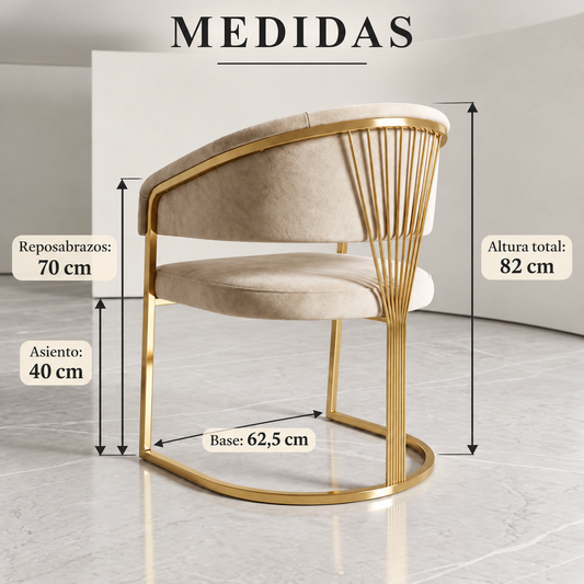 Medidas silla Bien 12: altura total 82 cm, reposabrazos 70 cm, asiento 40 cm y base 62,5 cm.