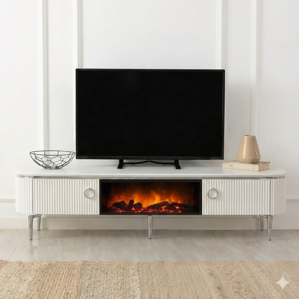 Mueble TV con Chimenea Eléctrica LED 3D Blanco con Detalles Cromados – Bazar Al Madina Home