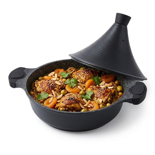 Tajine Tradicional 28 cm Cor Preto para Todos os Tipos de Fogões | Panela Antiaderente com Tampa Cónica | Cozedura Uniforme e Saudável