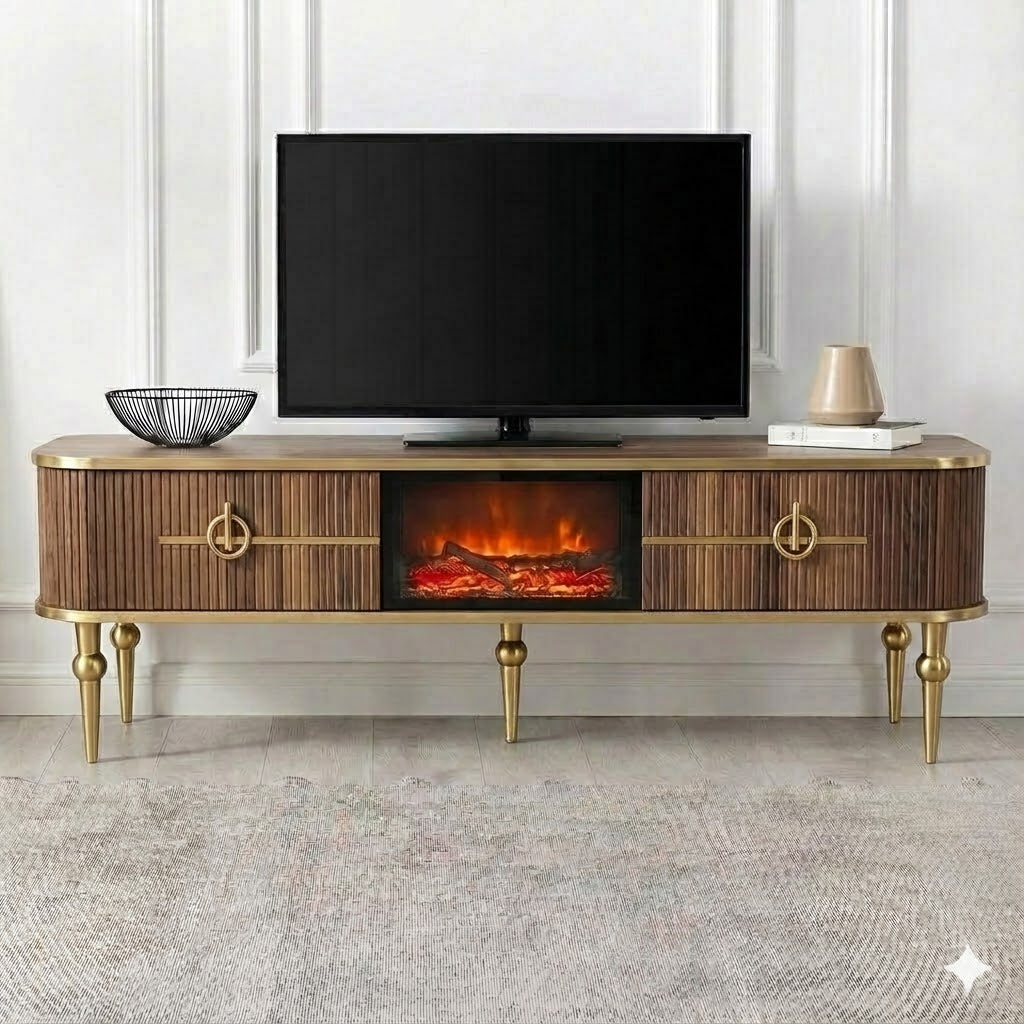 Mueble TV con Chimenea Eléctrica LED 3D Color Madera con Detalles Dorados – Bazar Al Madina Home