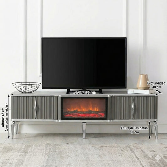 Mesa de TV con chimenea digital - COLOR GRIS CON DETALLES EN PLATEADO