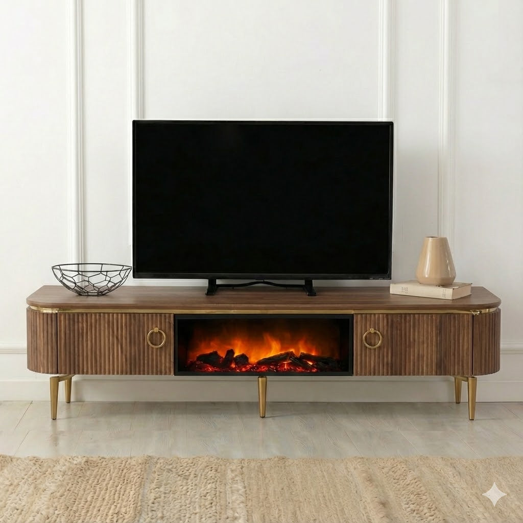 Mueble TV con Chimenea Eléctrica LED 3D Color Madera con Detalles Dorados – Bazar Al Madina Home