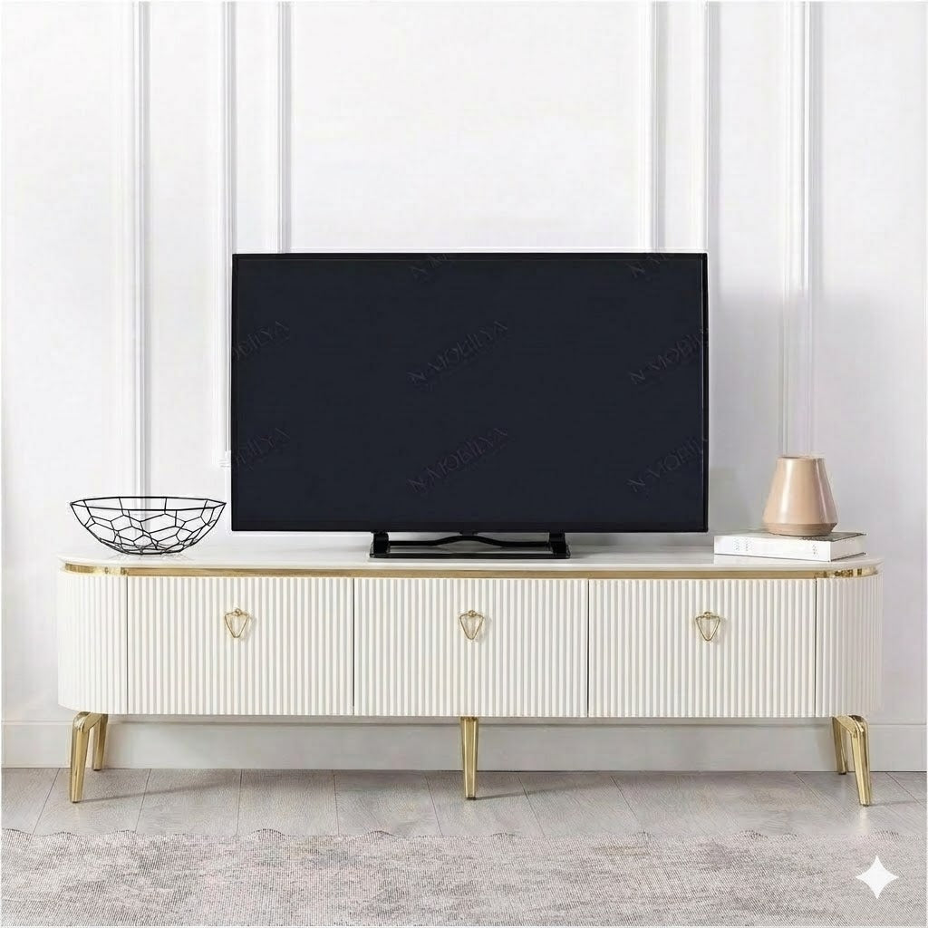 Mueble TV 180 cm Blanco con Detalles Dorados – Bazar Al Madina Home