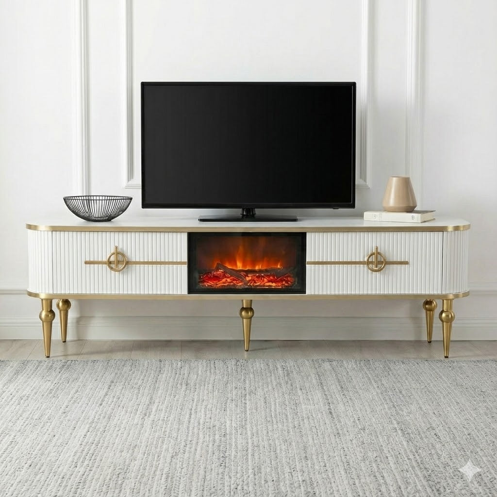 Mueble TV con Chimenea Eléctrica LED 3D Blanco con Detalles Dorados – Bazar Al Madina Home