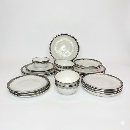 ✨ Set de Vajilla de 24 Piezas con Borde Plateado ✨